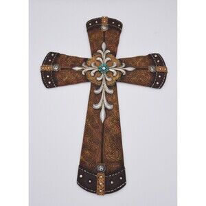 Beautiful Large Western Cross- Brown,‎ Silver, Turquoise SKUGARBIN2-949